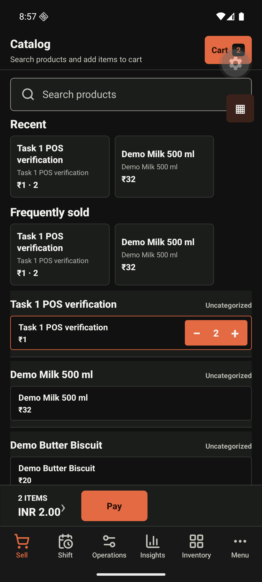 Sell catalogue with an active cart